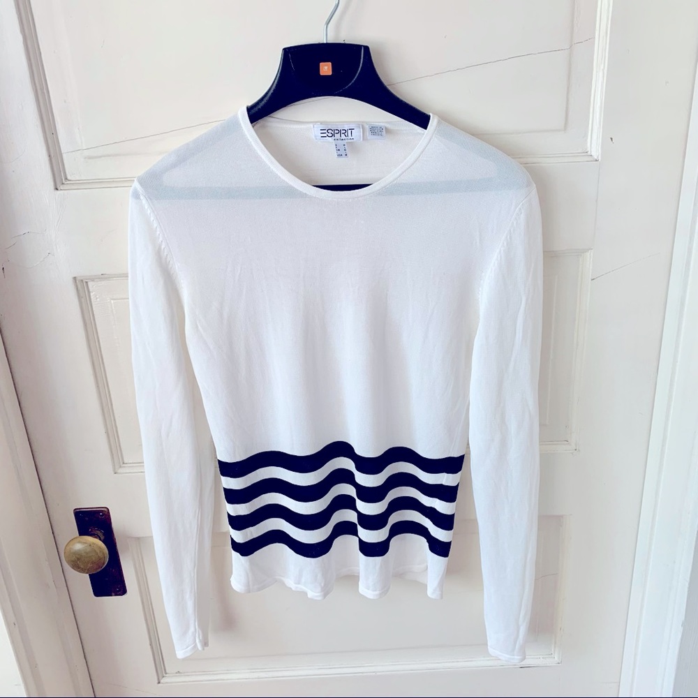 90's ESPRIT Vintage White with Black Stripe Light Weight Sheer Long-sleeved Top